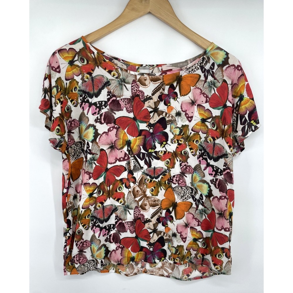 Forever 21 Women Blouse M Butterfly Print Monarch Top Keyhole Back Fairy Flutter